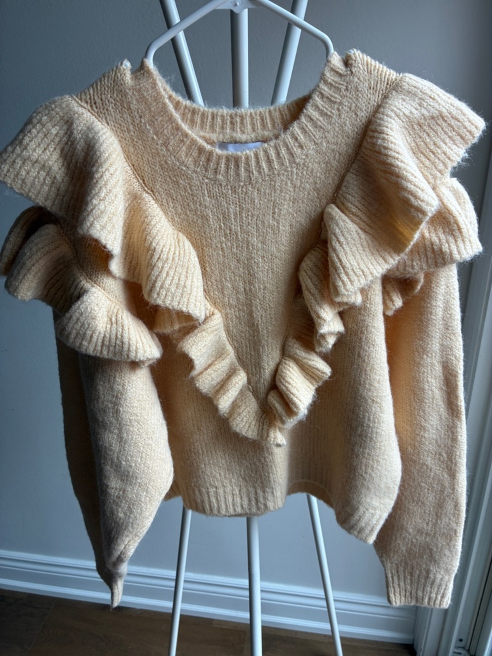 Lost + Wander Cream Ruffle-Trim Crewneck Sweater